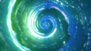 Glowing green and blue spiral forming a vibrant whirlpool in deep space, suggesting cosmic energy and the mysteries of the universe video