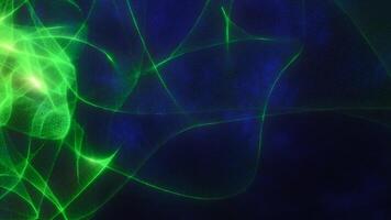 Dynamic green abstract light lines against a dark blue background, creating a mesmerizing and futuristic visual effect video