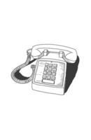 Black and white sketch of a retro landline telephone object with dial number and shadow vector