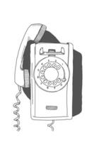 Black and white sketch of a technological object in the form of an old vintage retro pay phone with shadow vector