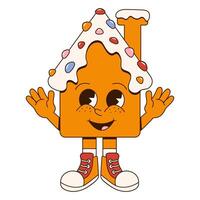 Fun and festive Groovy Christmas character. Retro cartoon style. Gingerbread house. Perfect for holiday designs, cards, stickers, and seasonal projects. vector