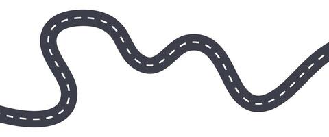 Winding road illustration, curved highway icon, black and white road graphic, abstract transportation route, dashed line path, asphalt driving symbol, infographic element vector