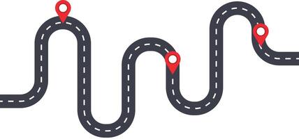 Winding road illustration with map markers, curved highway icon, black and white road graphic, abstract transportation route, dashed line path, infographic element vector