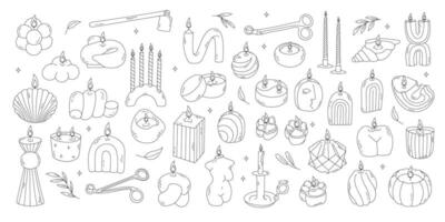 Hand drawn doodle candles set . Outline aroma collection. Burning aroma candles, Various Candles. Pillar, square and container candle. Decorative wax spice candles for relax and spa. vector