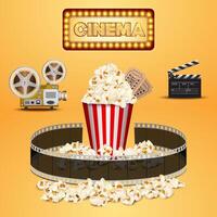 Realistic popcorn on yellow background, popcorn concept in cinema and entertainment in cinema. 3D popcorn for Poster design, advertisement, web banner, billboard and etc. vector