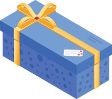 Isometric Blue Gift Box with Yellow Ribbon and Tag vector
