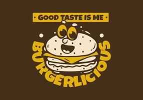 Burgerlicious. Burger illustration with face illustration in cartoon style dark background vector