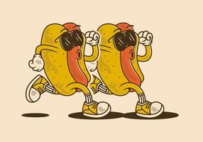 Vintage retro character of two hot dog in running pose, light background vector