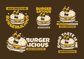 Burgerlicious. Burger illustration with face illustration in cartoon style in 5 different type vector