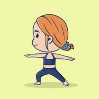 Mascot character design of a girl in yoga pose, chibi style. green background vector