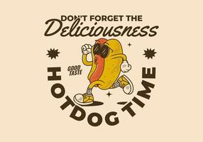 Hot Dog time, Don't forget the deliciousness. Retro vintage character of hot dog in running pose vector