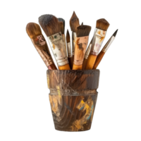 A wooden pot with several brushes in it png