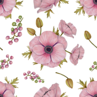 Seamless pattern with pink anemone flowers, petals and berries. Illustration with watercolor and marker. Botanical background for fabric, wrapping paper, textile, wallpaper. Hand drawn isolated art png
