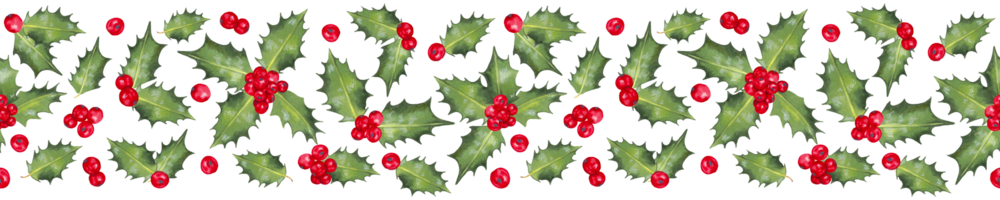Christmas seamless horizontal border, frame from winter holly branches. Illustration with watercolor and marker. Decor for the New Year and seasonal holidays. Botanical berries. Isolated handmade art png