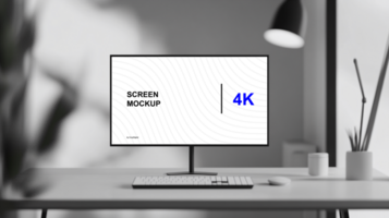Front view screen mockup on the table Keyboard and mouse nearby psd
