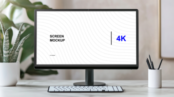 Front view screen mockup on the table Keyboard nearby psd