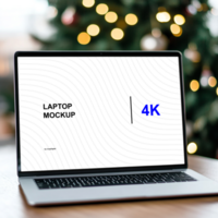 Front View Laptop Mockup on Table with Christmas Tree psd