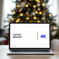 Laptop Mockup on Table with Christmas Tree in Background psd