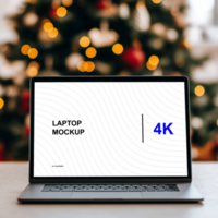 Mockup of laptop on the table. Front screen view. Christmas tree on background psd