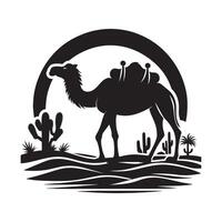 Camel in Desert Black Silhouette on White Background vector