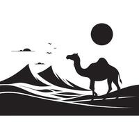 Minimalist Camel in Desert Black Silhouette on White Background vector