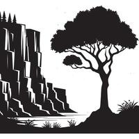 Flat Black Silhouette of Cliffside Tree on White Background vector