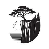 Minimalist Cliffside Tree Black Silhouette on White vector