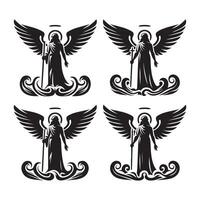 Artistic Black Silhouette Angel Icon Set on White Background vector