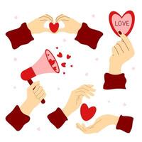 Set of hands with megaphone and hearts for Valentine's Day. Love and romance concept. illustration vector