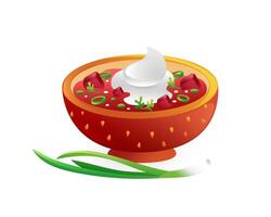 Illustration of borscht with sour cream in a plate and green onions, realistic in 3D style. vector