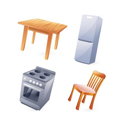 Set of illustrations of kitchen furniture, refrigerator, kitchen table, chair, kitchen stove, realistic in 3d style.