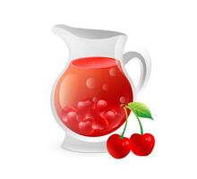 Illustration of cherry compote in a decanter and cherries, realistic in 3D style. vector