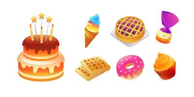 Set of icons of sweets and desserts, cake, ice cream, pie, candy, waffle, donut, muffin, realistic in 3d style. vector