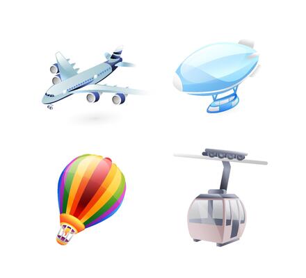 Set of illustrations of air transport, airplane, airship, balloon, cable car, realistic in 3d style.