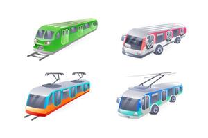 Set of illustrations of public passenger transport, bus, trolleybus, train, tram, realistic in 3D style. vector