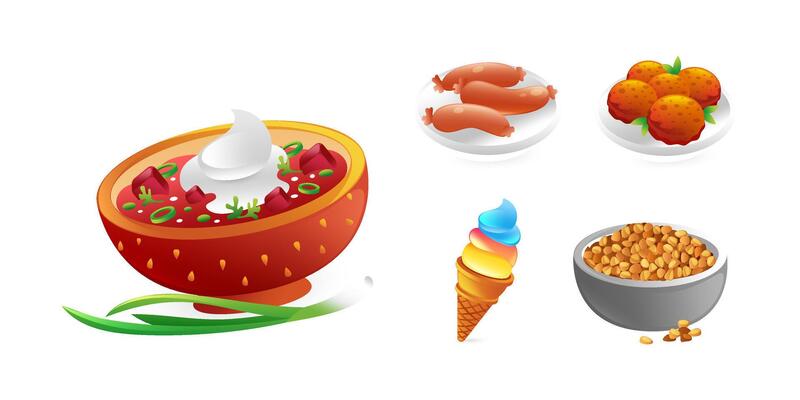 Set of food icons lunch, borscht, sausages, cutlets, buckwheat porridge, ice cream, realistic in 3d style.