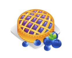 Illustration of blueberry pie on a plate and blueberries, realistic in 3D style. vector