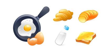 Set of food icons breakfast, scrambled eggs, croissant, bread, toast with cheese, milk, realistic in 3d style. vector