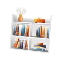 Illustration of bookshelves with books and a vase of flowers, realistic in 3D style. vector