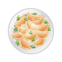 Illustration of dumplings with herbs on a plate, realistic in 3D style. vector