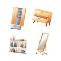 Set of furniture illustrations, chest of drawers, wardrobe, mirror, bookshelf, realistic in 3D style. vector