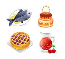 Illustration of food for a festive banquet, cake with candles, pie, whole fish on a plate, cherry punch, realistic in 3d style. vector