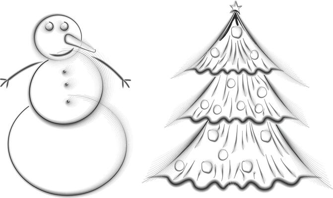 Snowman and Christmas tree drawn with black and white brush strokes