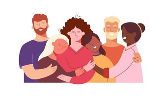 group of diverse people. group of different people standing together, supporting each other. A grouping of different men, women of different ages, races vector