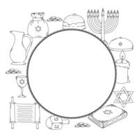 A round frame with the symbols of the Hanukkah holiday. Hand-drawn illustration vector