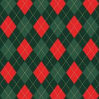 Seamless argyle plaid Christmas pattern. Traditional Scottish ornament with green, red rhombus. Yellow dashed stroke. Background with lozenge geometric diamonds. Fabric texture. illustration. vector