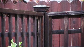 Raindrops Falling On Redwood Fence Splashing On Top Railing With Hint Of Green Leaves video