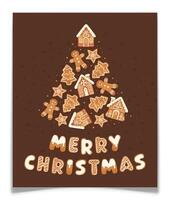 Christmas Tree with Gingerbread Cookies Postcard. vector