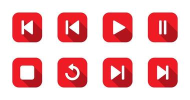 Previous, play, pause, stop, repeat, and next track icon on red square vector