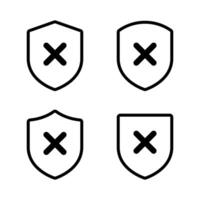 Shield line with cross mark icon set. Unsafe, no security sign symbol vector